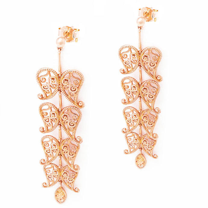 Leaf Cascade earrings with henna motifs inspired design, Cascade earrings with rose-gold toned blush silver 