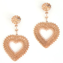 Heart Statement dangling earrings with button style stud; Lightweight statement rose-gold toned earrings 