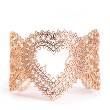 Heart Cuff bracelet with ornate heart design in rose-gold toned blush silver, heart cuff bracelet