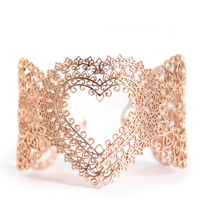Heart Cuff bracelet with ornate heart design in rose-gold toned blush silver, heart cuff bracelet