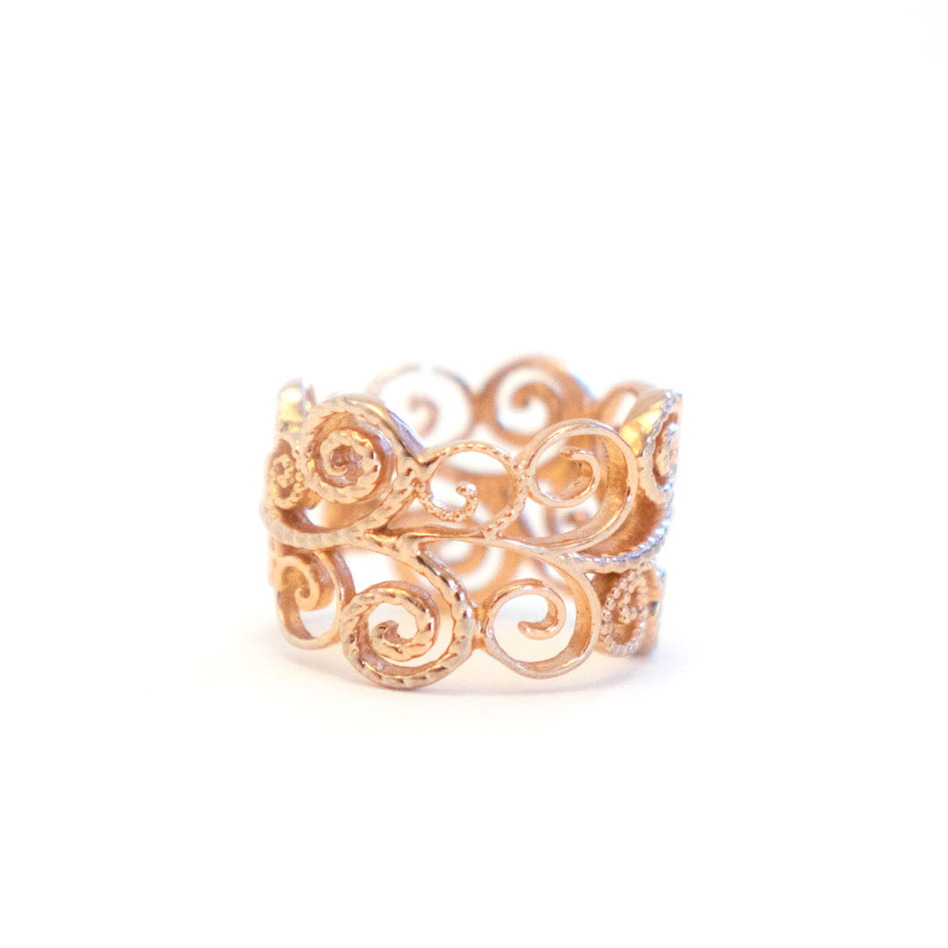 Flower Infinity Ring Edition 2 with textured tendrils and vine designs in rose-gold toned blush silver, Infinity ring 