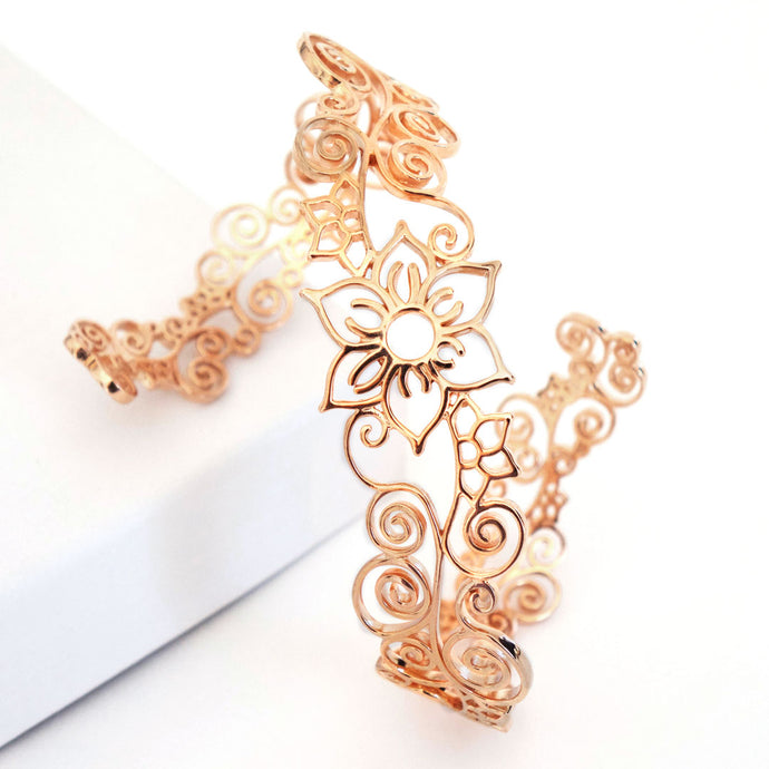 Bohemian inspired Flower arm cuff in rose-gold toned blush silver