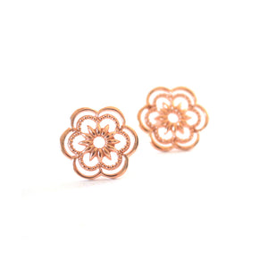 Origin stud earring with floral design in rose-gold toned blush silver, Floral stud earrings 