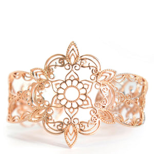 Star Cuff Bracelet with floral and henna inspired design in rose gold toned blush silver, Rose-gold cuff bracelet  
